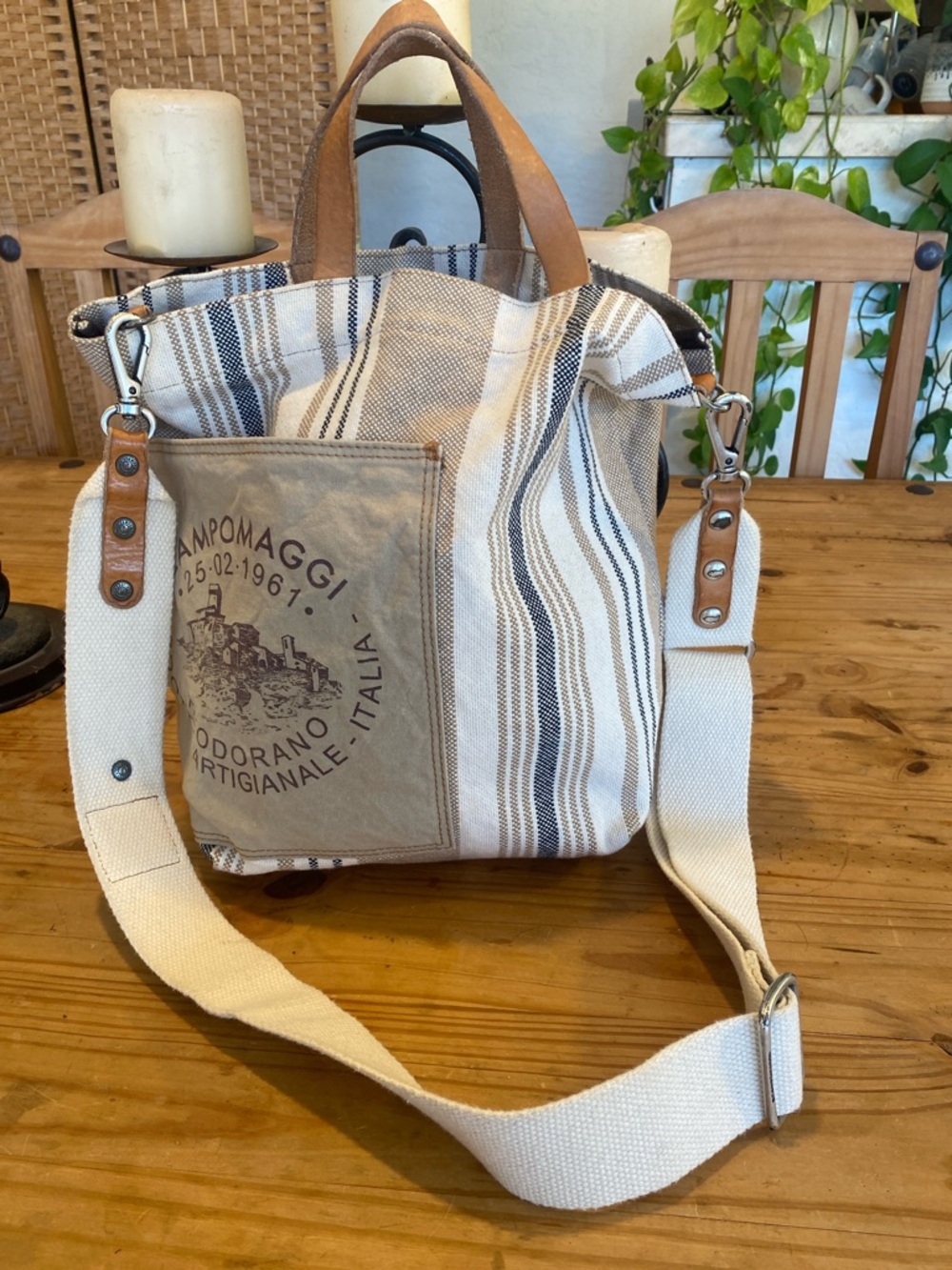 Campomaggi Cream, Tan & Brown Striped Canvas Messenger Bag